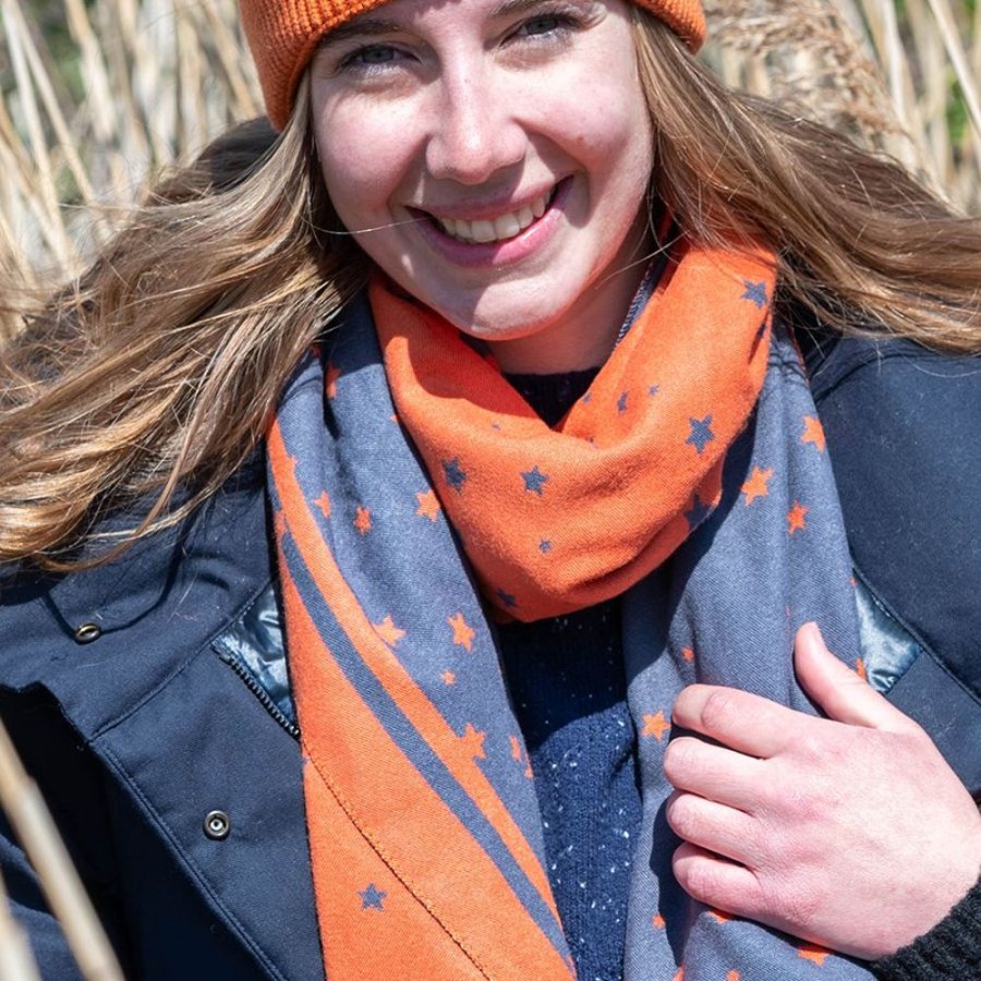 Scarves, Hats & Gloves Tarelle Scarves | Reversible Pleated Star Scarf-Orange/Grey