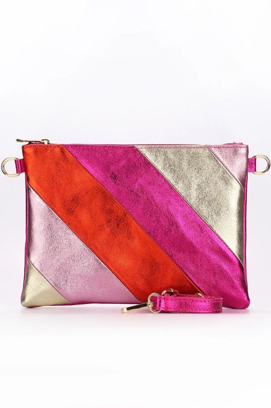 Bags, Straps & Purses Tarelle Clutches | Leather Rainbow Striped Clutch Bag-Pink