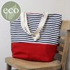 Bags, Straps & Purses Tarelle Vegan Bags | Navy Blue Cotton Striped Tote With Red Base