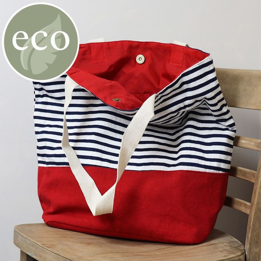 Bags, Straps & Purses Tarelle Vegan Bags | Navy Blue Cotton Striped Tote With Red Base