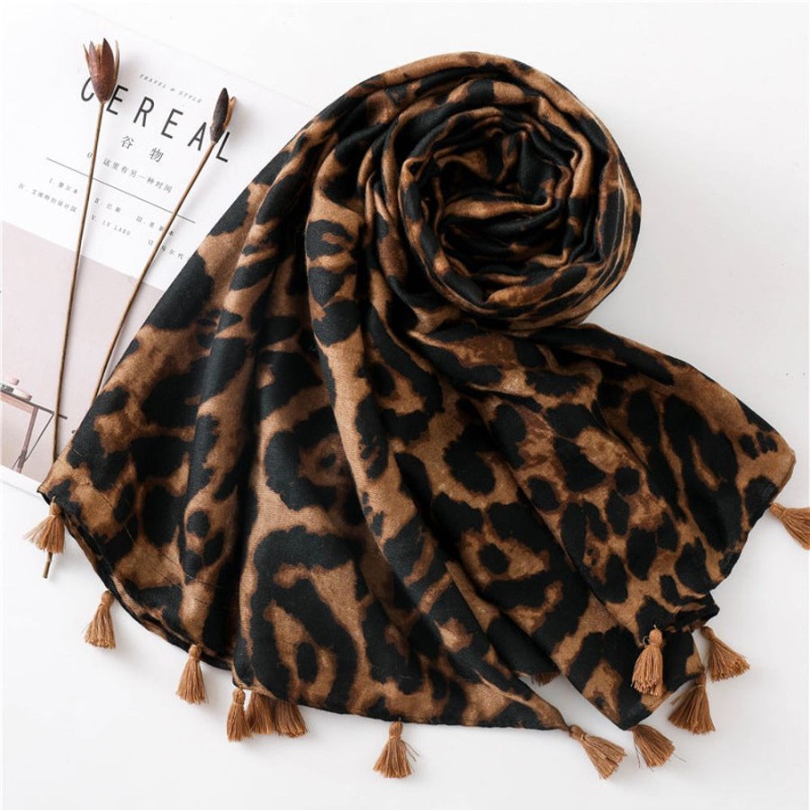 Scarves, Hats & Gloves Tarelle Scarves | Leopard Print Tassel Scarf-Brown