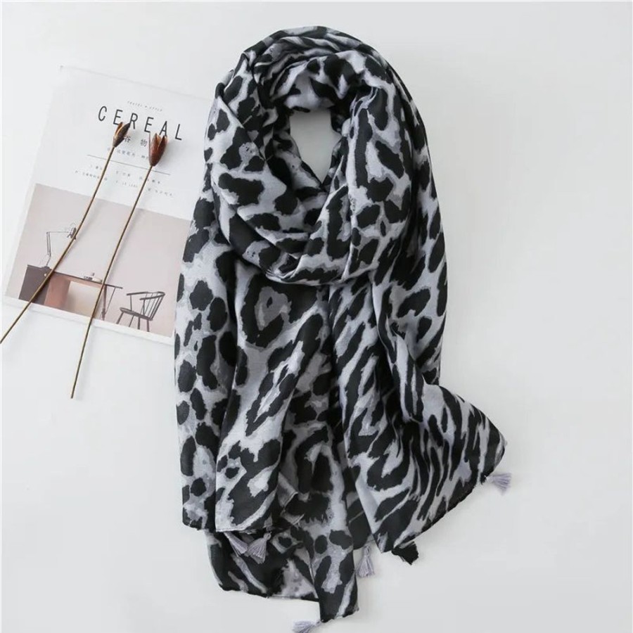 Scarves, Hats & Gloves Tarelle Scarves | Leopard Print Tassel Scarf-Grey