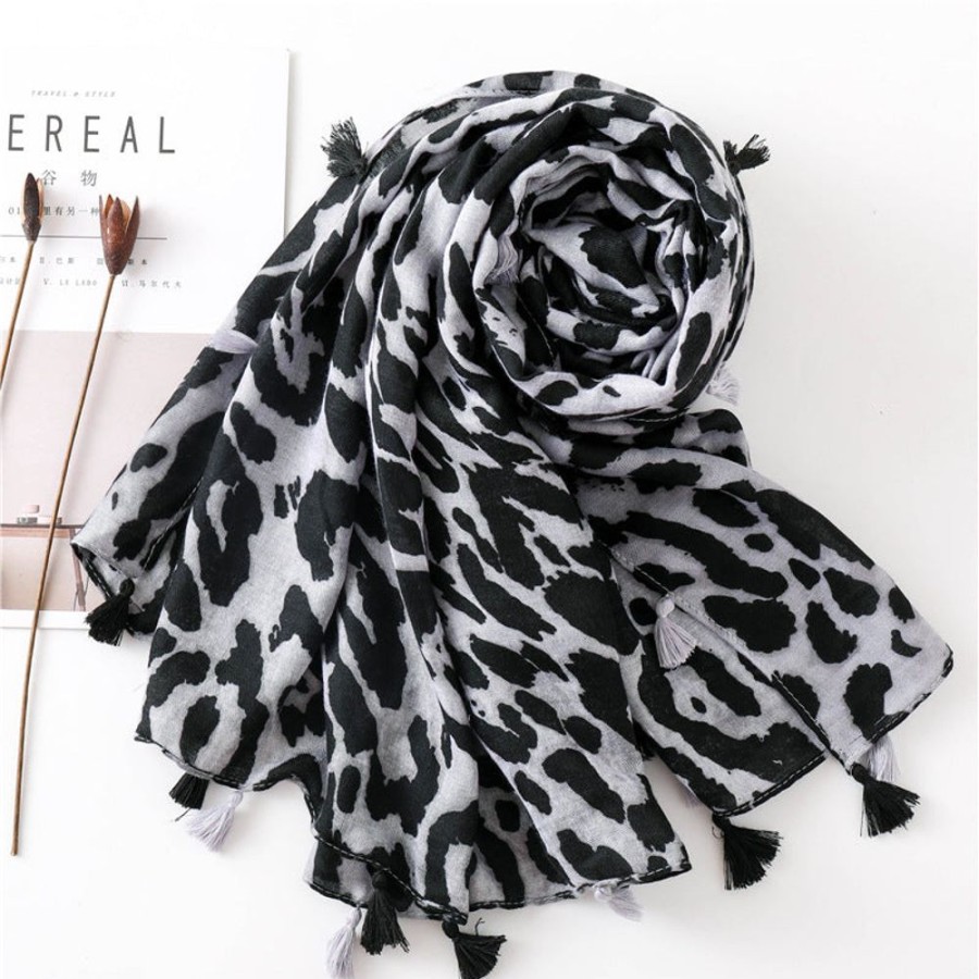 Scarves, Hats & Gloves Tarelle Scarves | Leopard Print Tassel Scarf-Grey