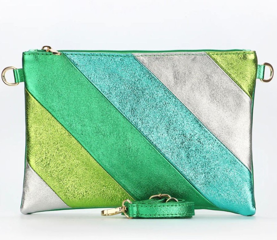 Bags, Straps & Purses Tarelle Leather Bags | Leather Rainbow Striped Clutch Bag-Green