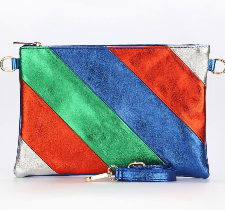 Bags, Straps & Purses Tarelle Leather Bags | Leather Rainbow Striped Clutch Bag-Royal Blue