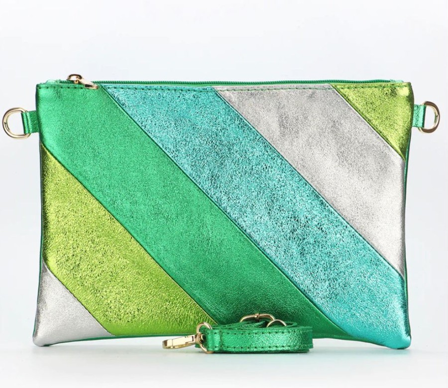 Bags, Straps & Purses Tarelle Metallic Bags & Purses | Leather Rainbow Striped Clutch Bag-Green