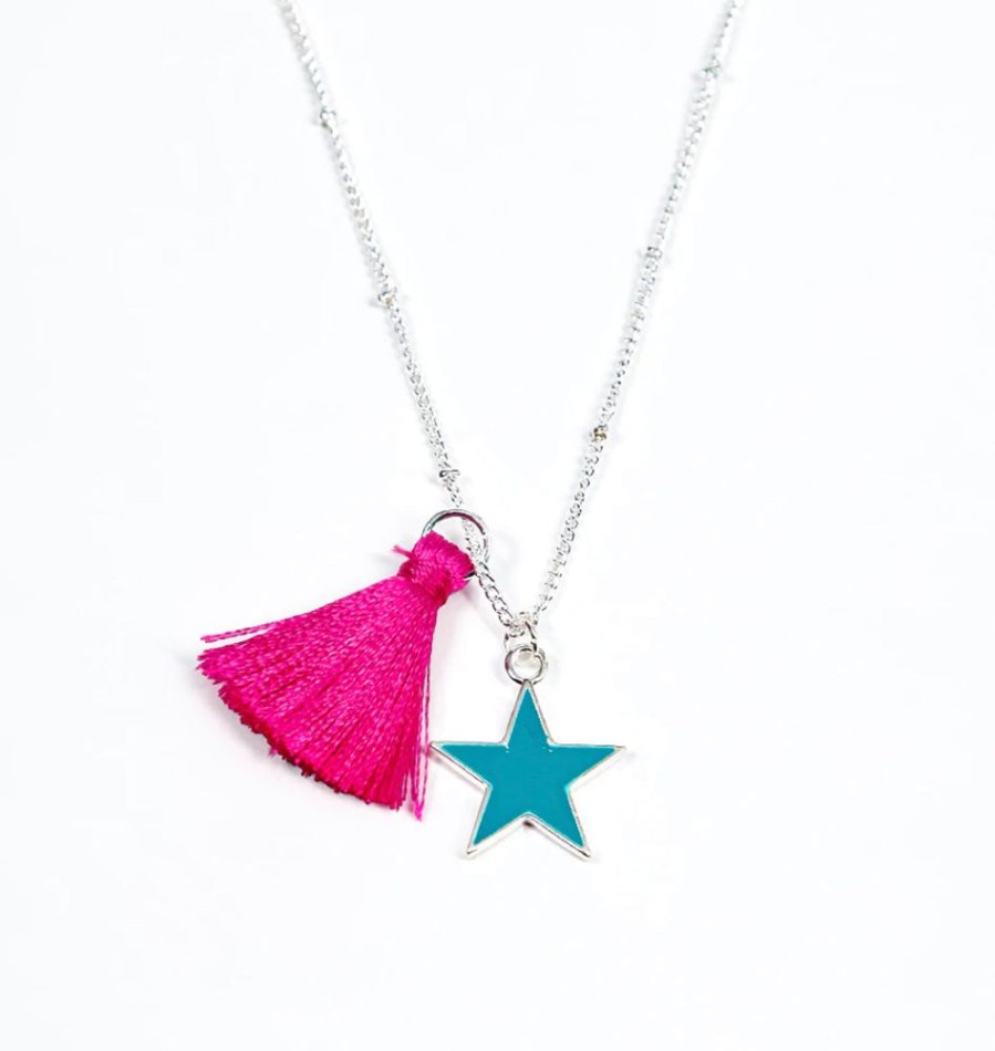 Jewellery Tarelle Necklaces | Turquoise Fuchsia Tassel & Star Necklace-Silver