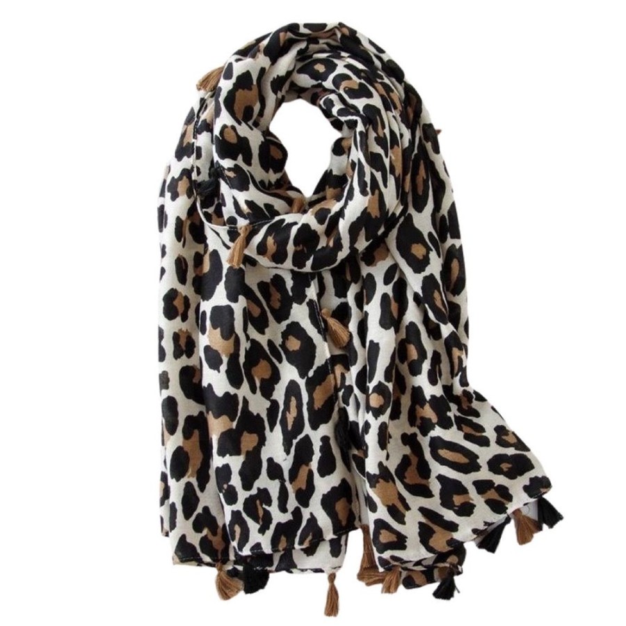 Scarves, Hats & Gloves Tarelle Scarves | Leopard Print Tassel Scarf-Beige