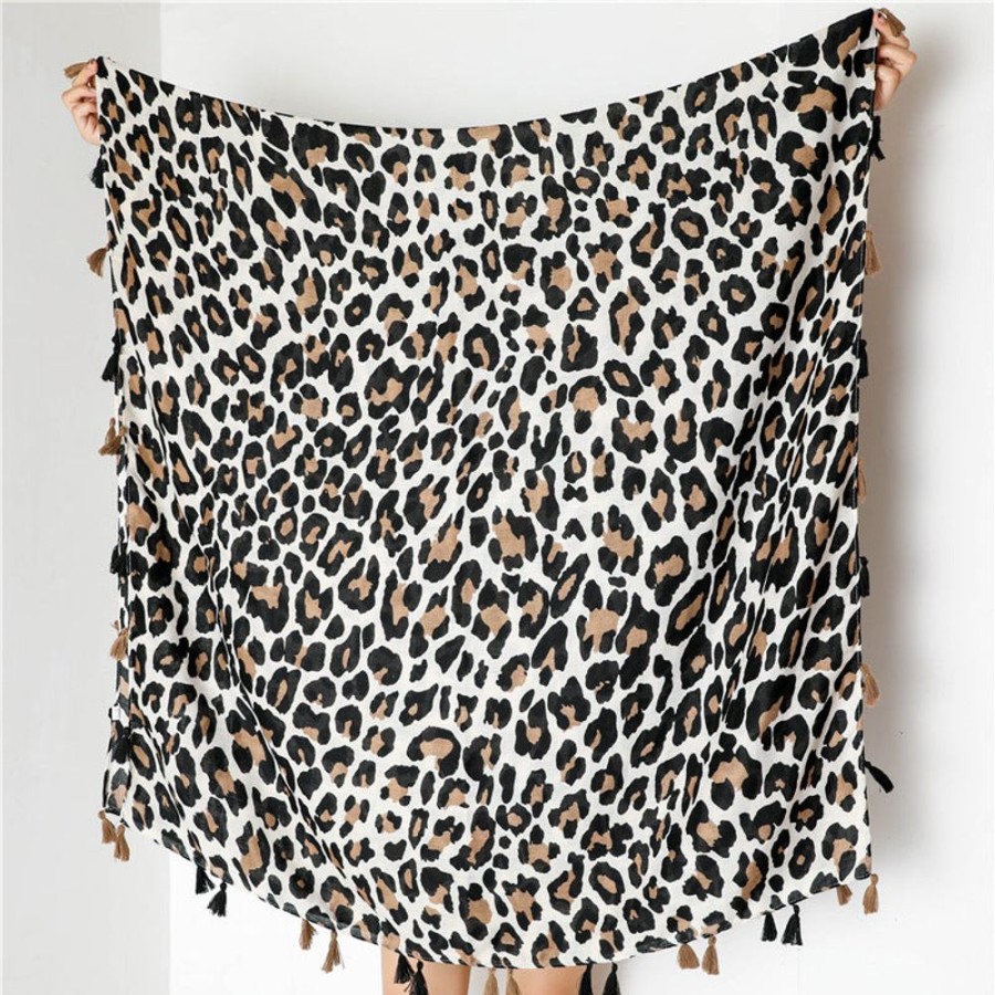 Scarves, Hats & Gloves Tarelle Scarves | Leopard Print Tassel Scarf-Beige