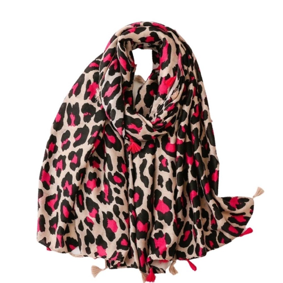 Scarves, Hats & Gloves Tarelle Scarves | Leopard Print Tassel Scarf-Fuchsia Pink